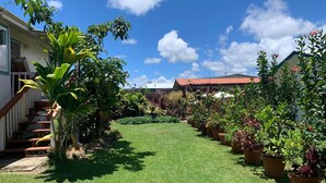 Un jardin bien entretenu, avec une grande variété de plantes, et un ciel dégagé.