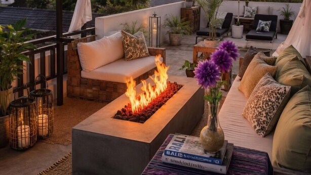 A rooftop terrace with a fire feature, seating, and potted plants. - Free Rooms!   Seminyak Bali Modern Walk to Beach Shopping New and Clean (Bali)