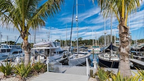 A marina with multiple boats docked, palm trees, and a wooden walkway.