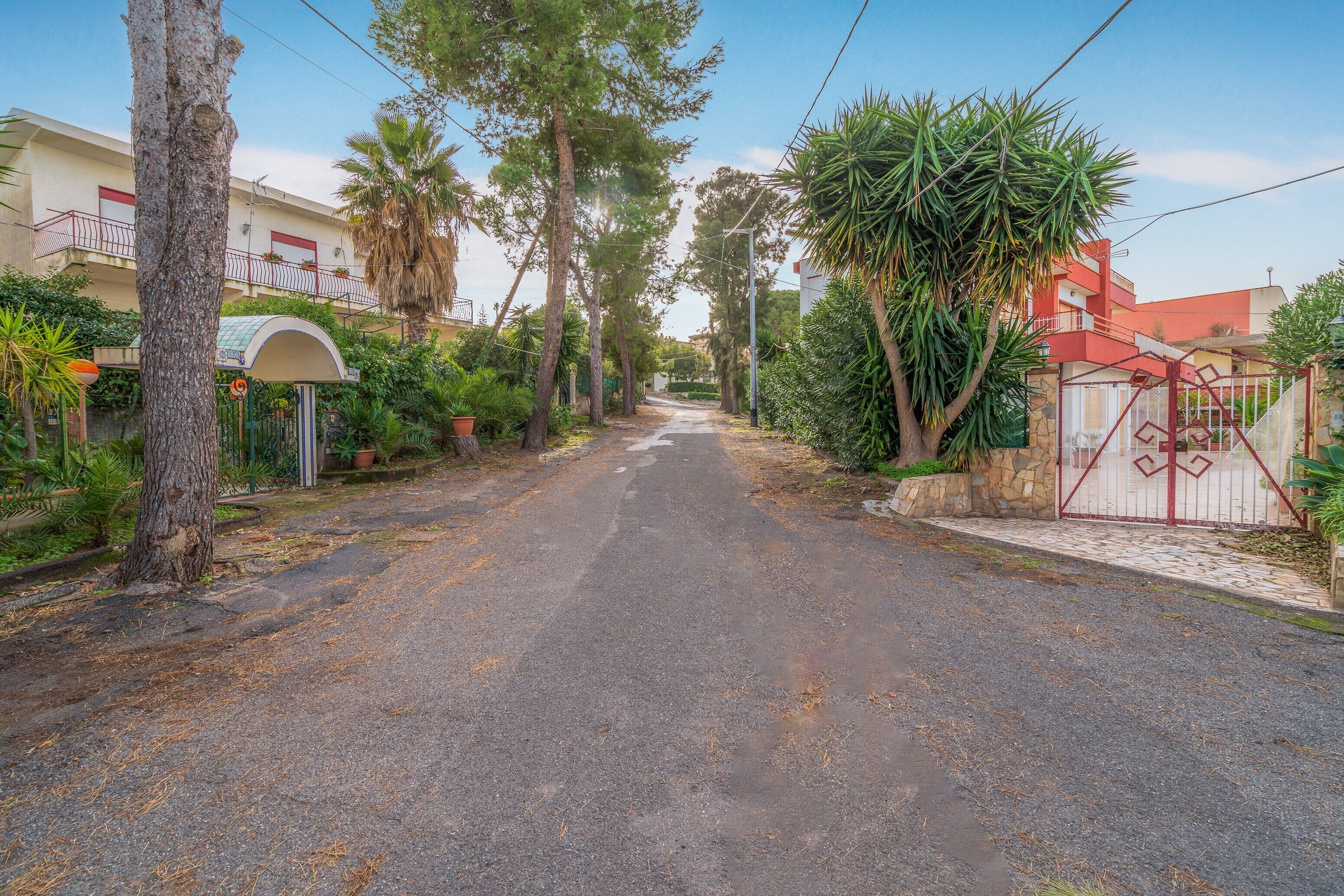 Una strada residenziale con case, alberi e un cancello.