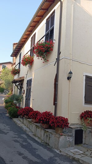 Un edificio con fachada color crema, varias ventanas con contraventanas y jardineras con flores rojas a lo largo de la planta baja.