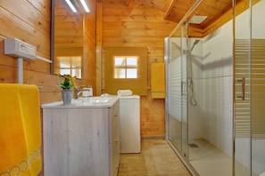 Shower, hair dryer, towels