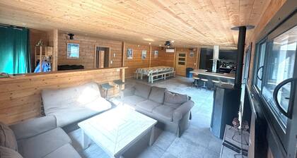 Two houses, 29 people, 11 bedrooms, swimming pool, bocce court, foosball table, ping-pong table