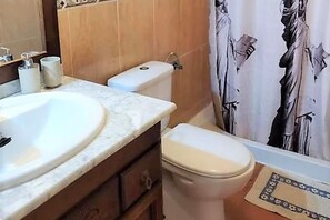 A bathroom with a sink, toilet, and a shower curtain with a floral pattern.