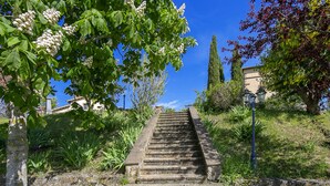 A stone staircase leading up a hill, surrounded by greenery and trees. - Villa La Chiesina (Arcidosso)