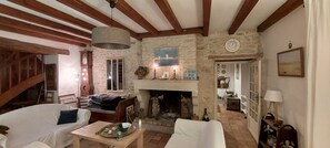 Televisión, chimenea y libros 