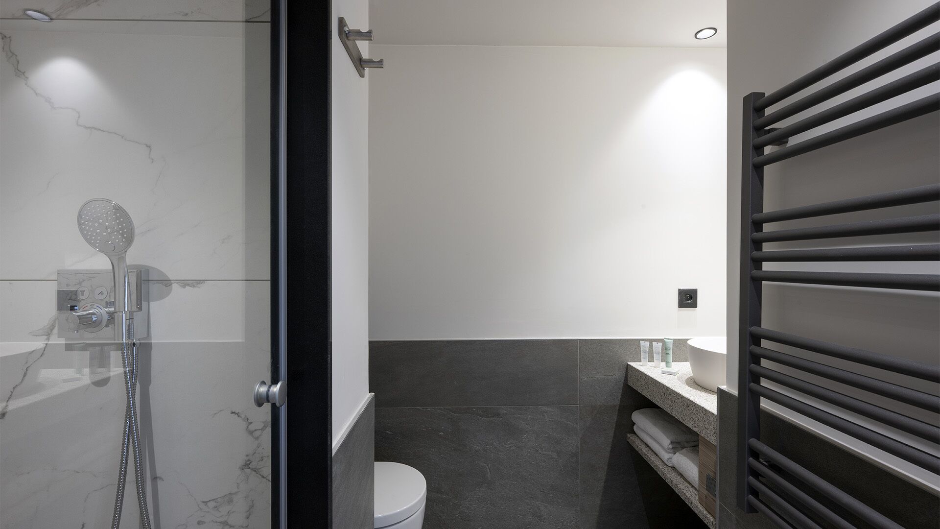 A modern bathroom with a glass-enclosed shower, a toilet, and a vanity with a towel rack.