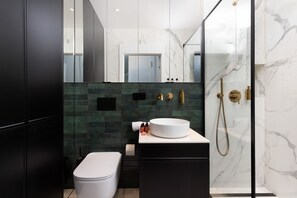 Shower, hair dryer, towels