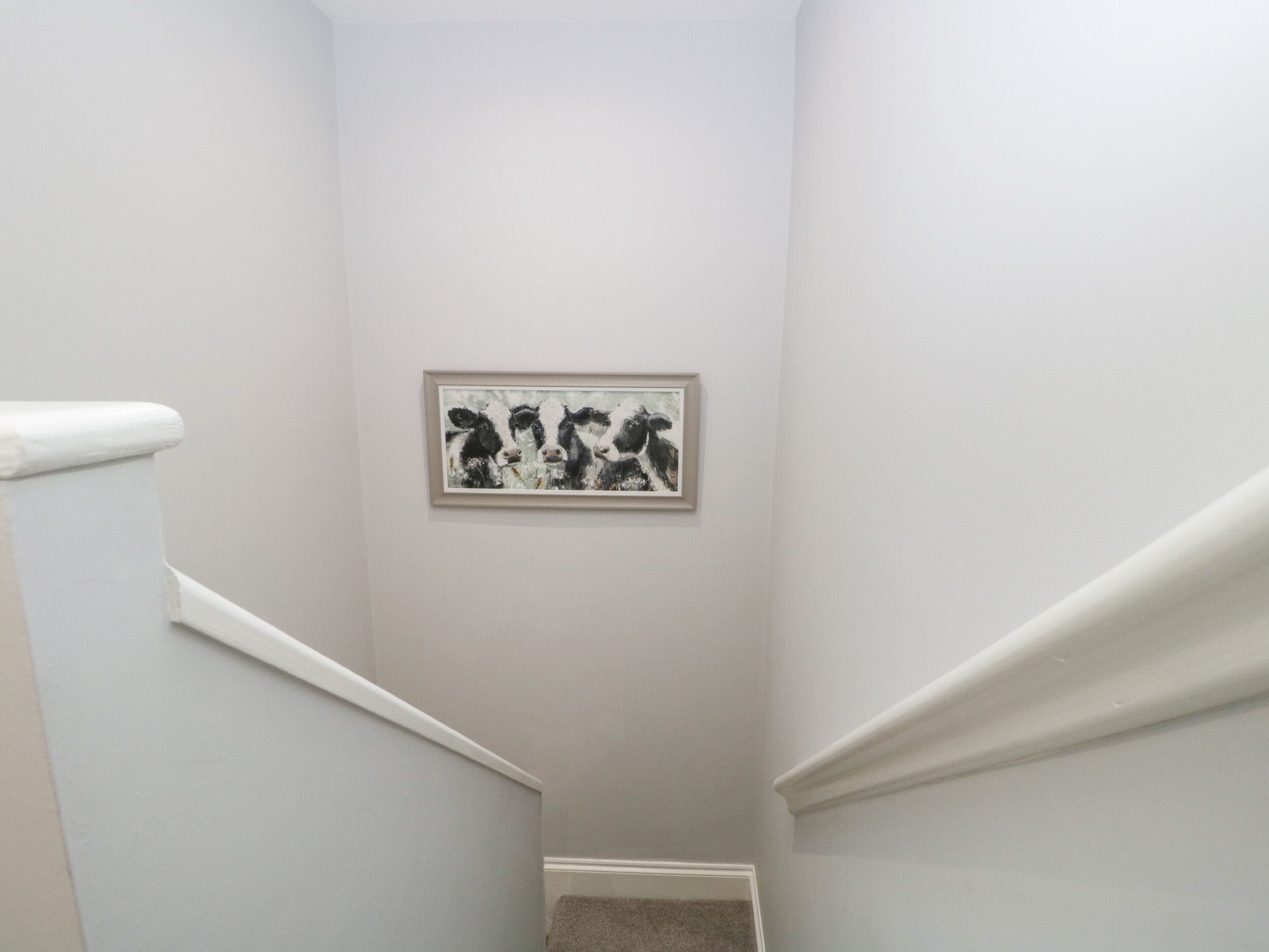 Un escalier orné d’un tableau encadré représentant des vaches.