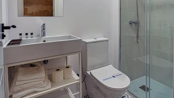 Un bagno moderno con lavandino, specchio e servizi igienici bianchi. Dispone di un’area doccia con pareti divisorie in vetro e piastrelle decorative.