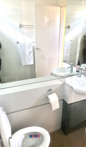 Bathroom features a toilet, sink, and shower with a glass door.