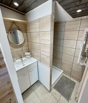 Shower, towels, soap, toilet paper