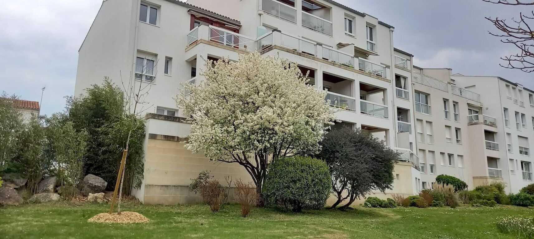 A multi-story residential building with balconies, surrounded by a garden with various shrubs and a large flowering tree.