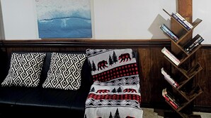 Un salon avec un canapé, des coussins à motifs, une bibliothèque et un tableau accroché au mur.