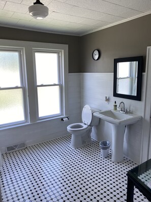 Combined shower/bathtub, hair dryer, towels, soap