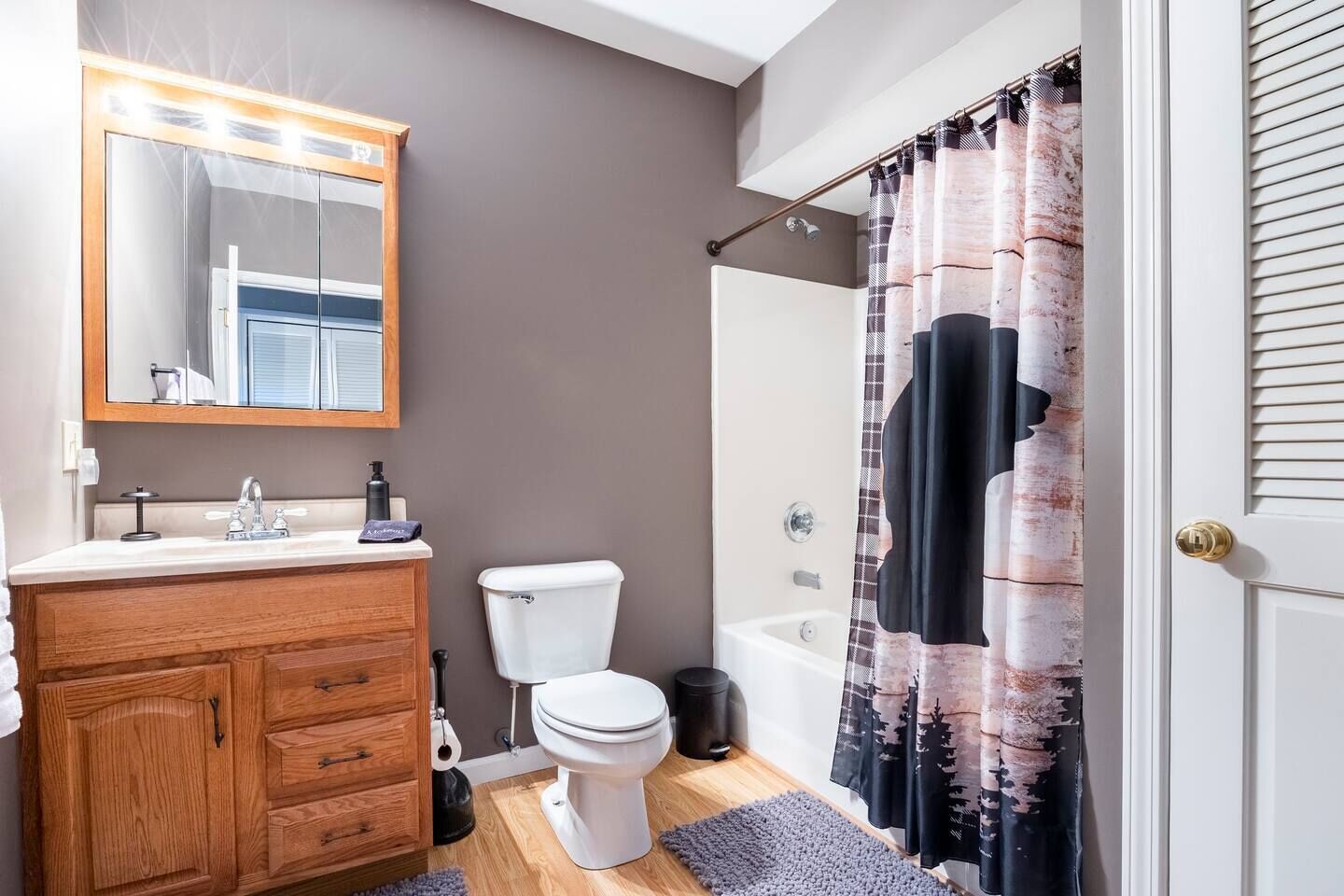 Un baño con tocador de madera, inodoro, ducha con cortina y espejo con luces.