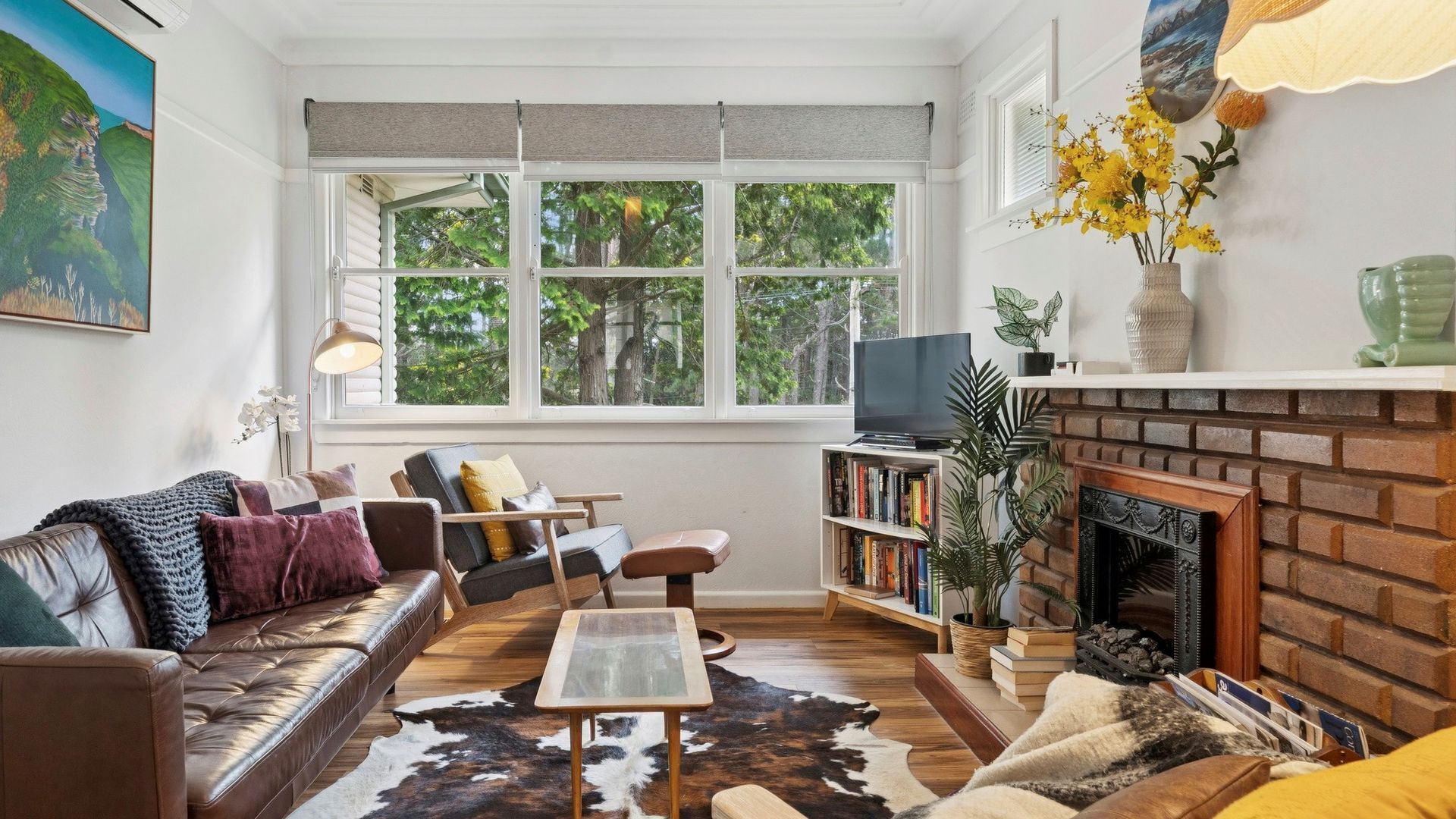 Smart TV, fireplace, books