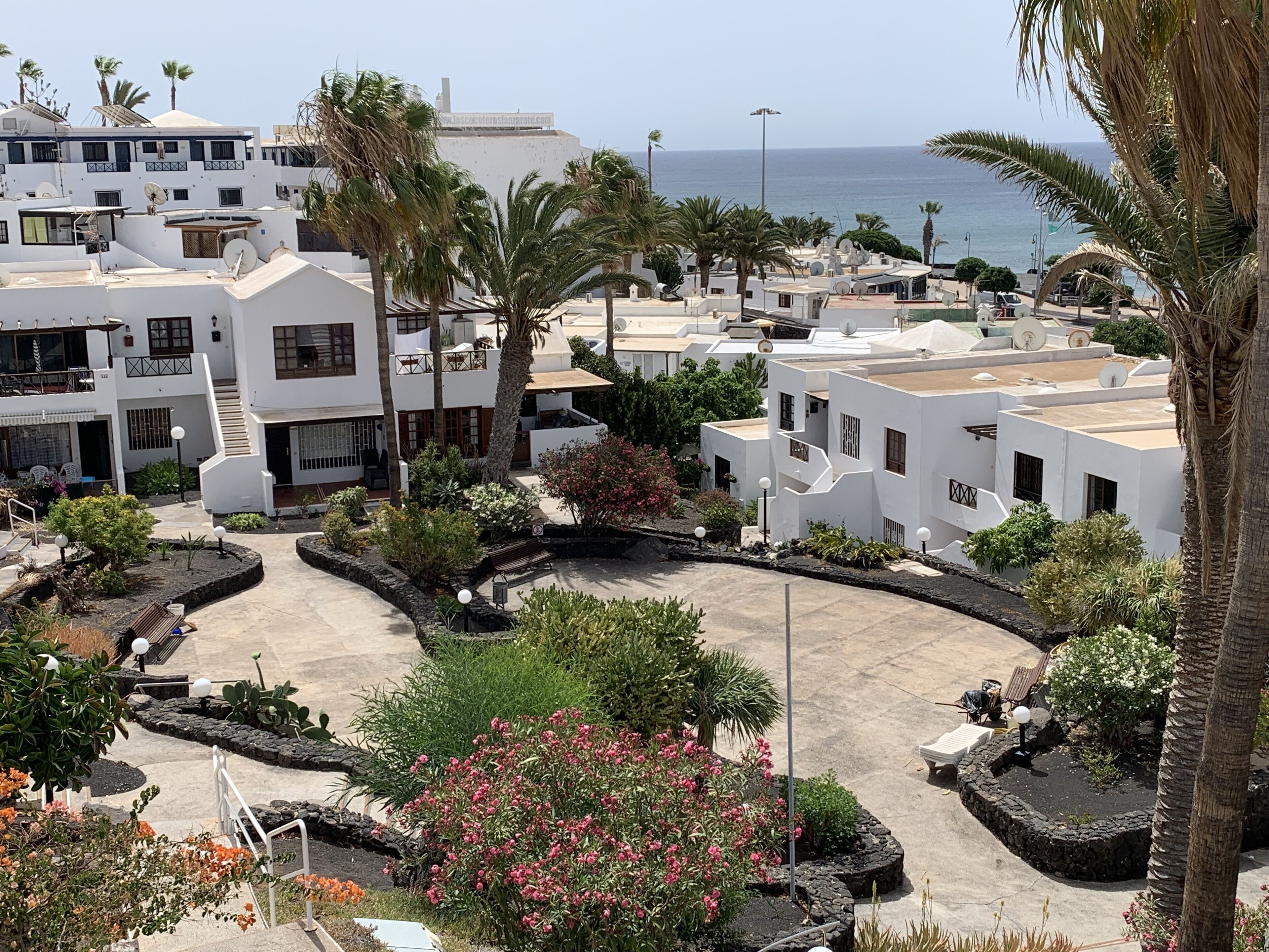 A coastal residential area with white buildings, palm trees, and a clear view of the sea.