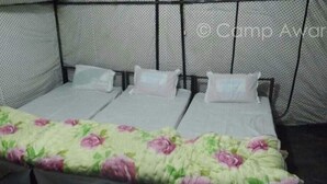 A room with three beds, each with a white mattress and pillows. The beds are arranged in a row with a mesh headboard. - Camp Awara Dhanaulti (Dhanaulti)