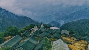 A series of green-roofed tents arranged in rows on a hillside, surrounded by dense forest and mountains. - Camp Awara Dhanaulti (Dhanaulti)