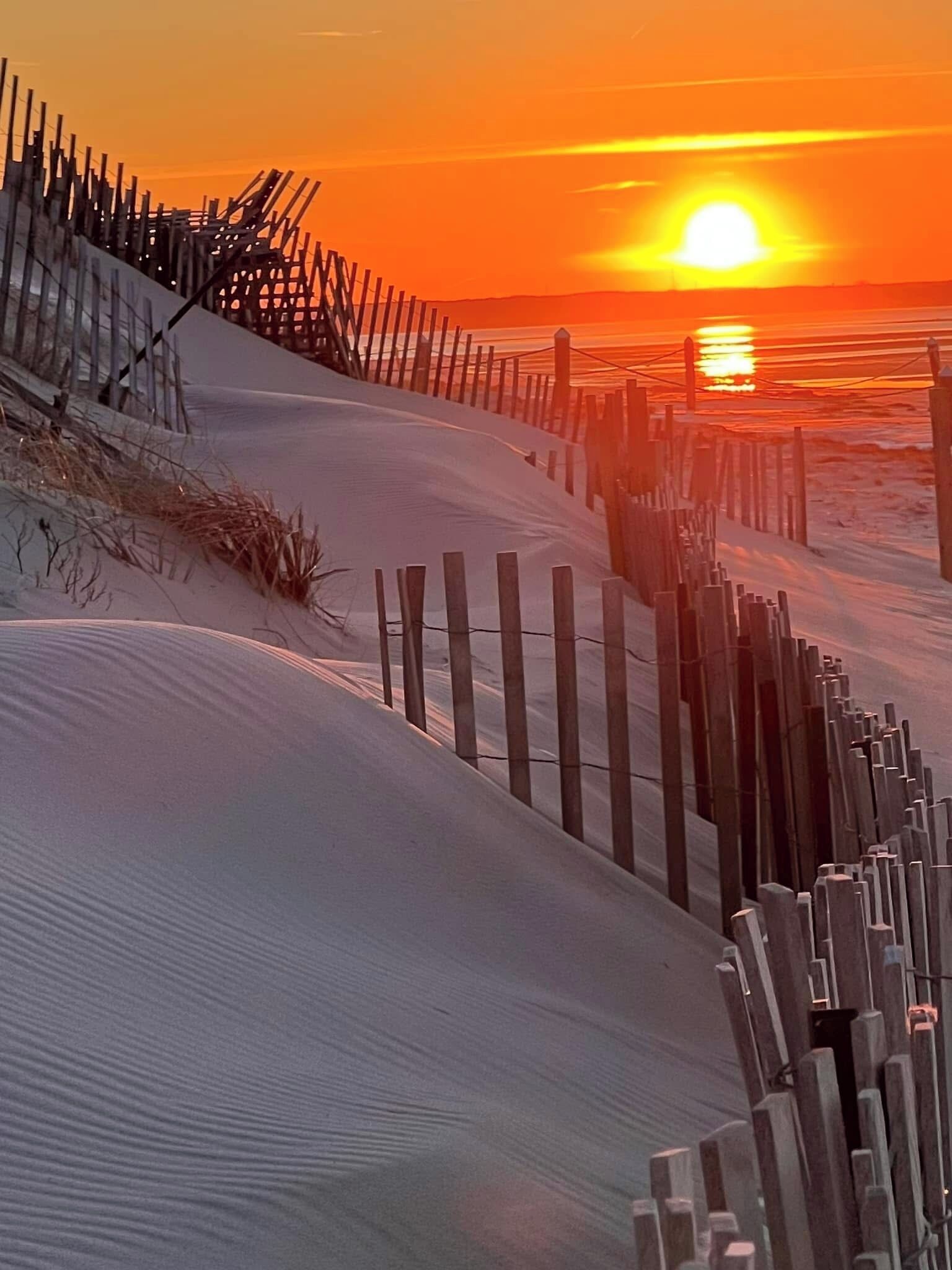 A sandy beach with wooden fences and a sunset in the background.