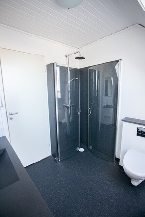 A modern bathroom with a glass shower enclosure, a toilet, and a sink. - 3BR - Townhouse - Free Parking -Tórshavn (Hoyvík)