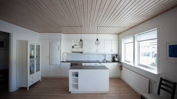 Premium Villa | Private kitchen | Full-size fridge, microwave, oven, stovetop