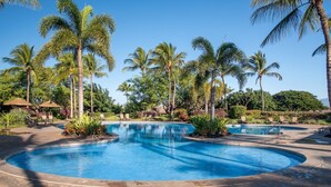A pool area with palm trees and lounge chairs.