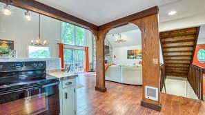 Fridge, microwave, oven, stovetop - Ultimate Mountain Hideaway: Modern Lodge-Like Cabin with Fire Pit & Hot Tub! (Maggie Valley)