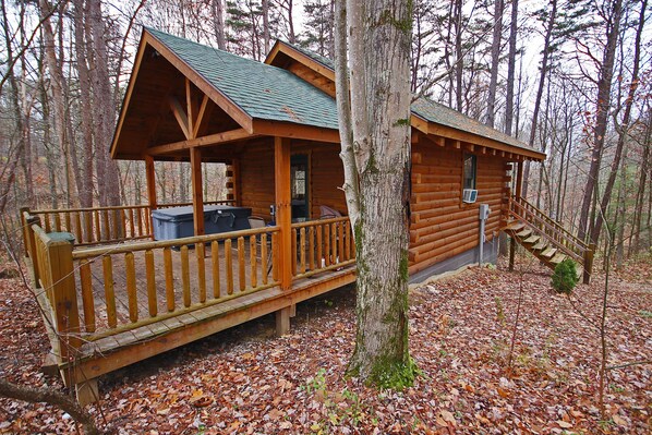 A wooden cabin with a porch and a staircase leading to the entrance.