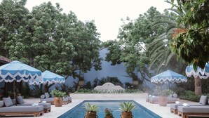 Zona junto a la piscina con sillones de descanso, sombrillas y plantas en macetas.