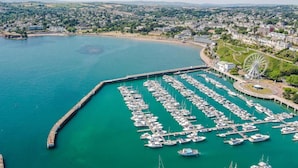 Vista aérea de un puerto deportivo con numerosos barcos amarrados, una noria grande y un paisaje urbano costero al fondo.