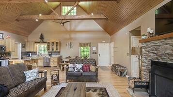 Smart TV, fireplace, DVD player, books