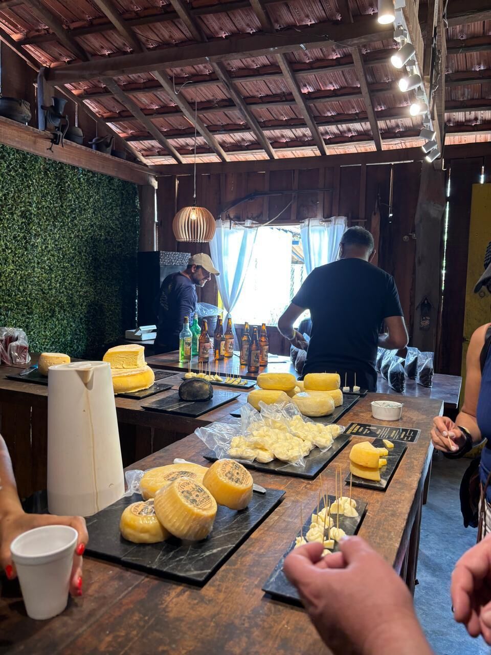 A rustic interior with wooden beams, a green wall, and a bar area with cheese and bottles.