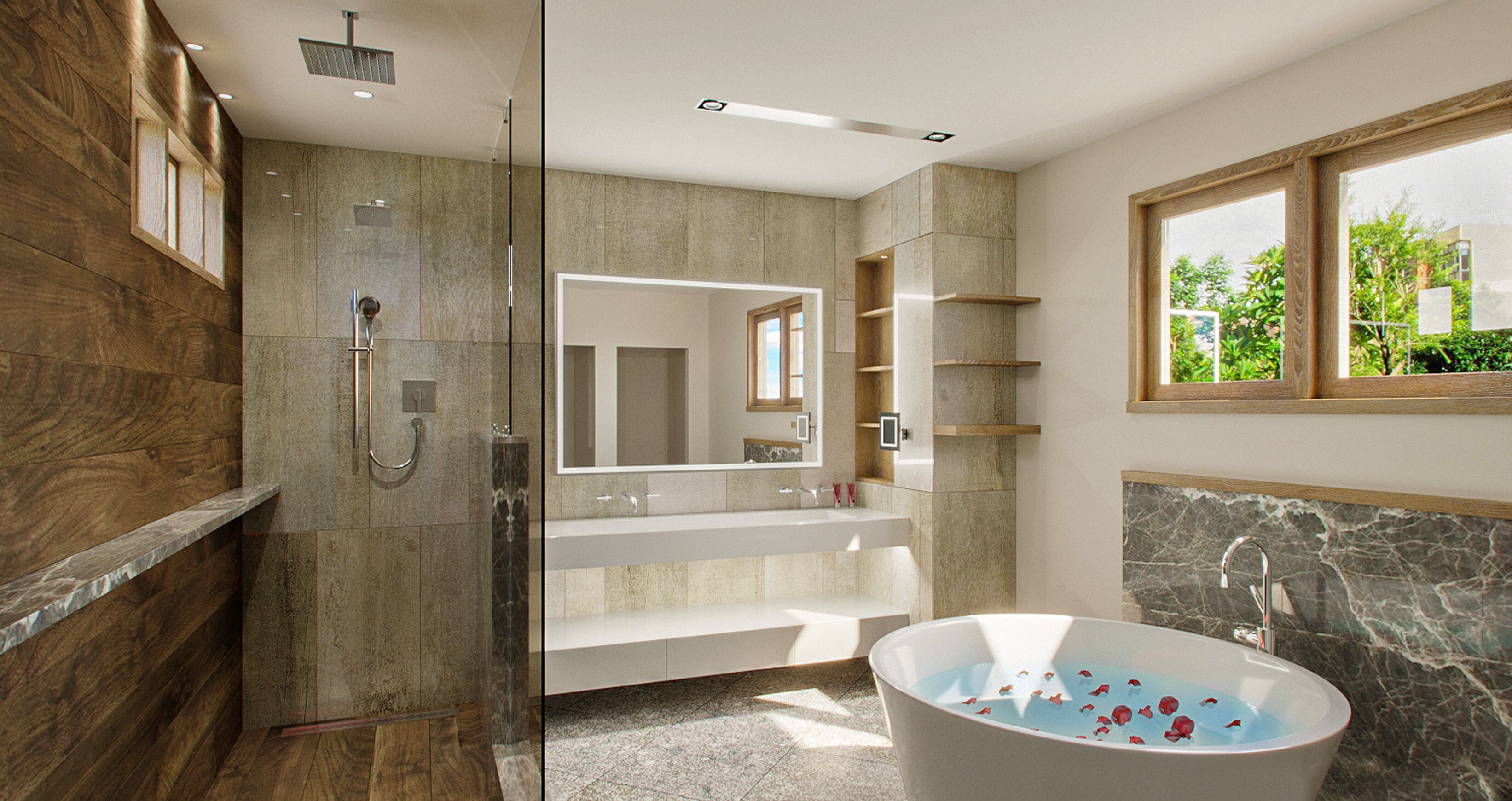A modern bathroom with a glass-enclosed shower, a freestanding bathtub, and a large mirror.