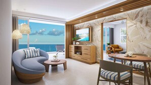 A modern living room with a sofa, a coffee table, a TV, and a dining area. - Sandals Dunns River - All-inclusive Adults Only (Ocho Rios)