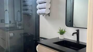 Shower, hair dryer, towels, soap