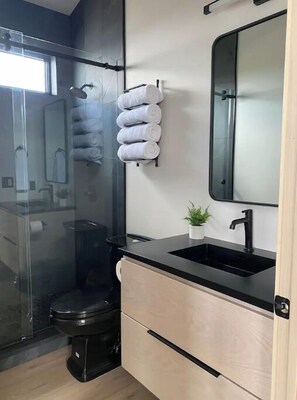 Shower, hair dryer, towels, soap