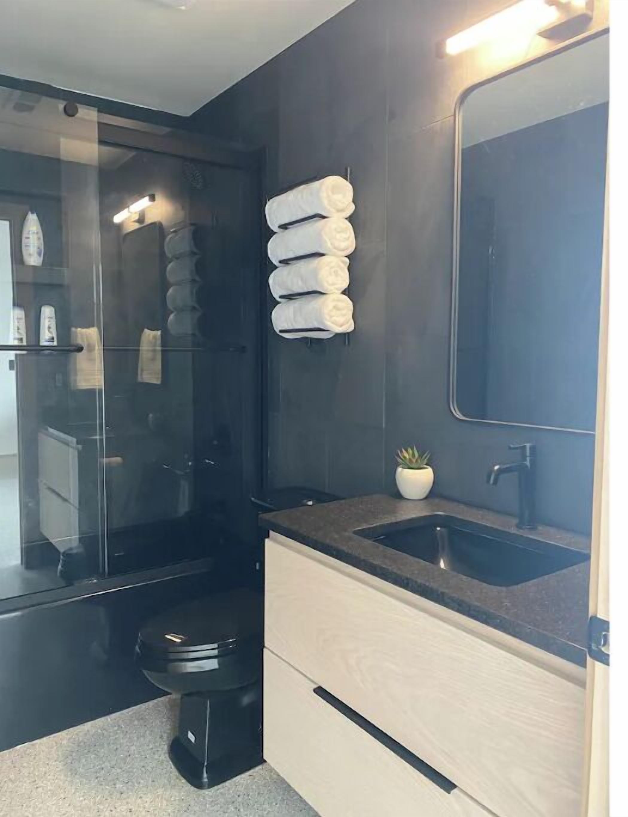 Regadera, secadora de cabello, toallas, jabón 