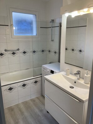 Bathtub, hair dryer, toilet paper