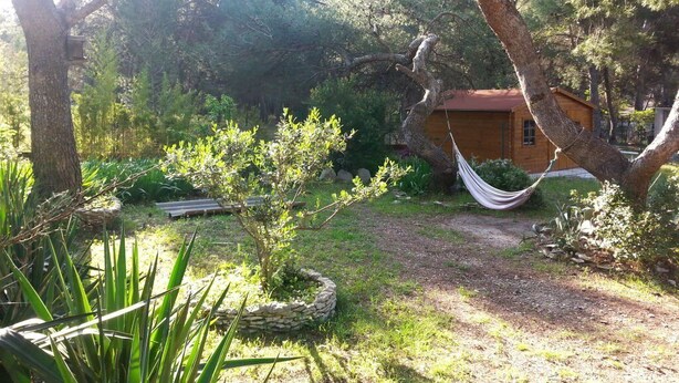 A rustic cabin surrounded by trees and a hammock. - House with swimming pool in the pines 500M from the sea (MARTIGUES)