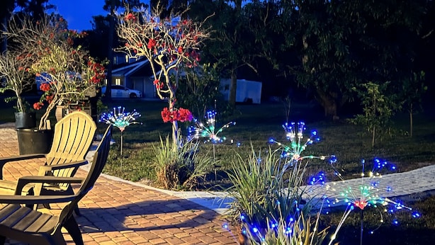 Área de pátio com cadeira de madeira e plantas em vasos, decorada com luzes coloridas.