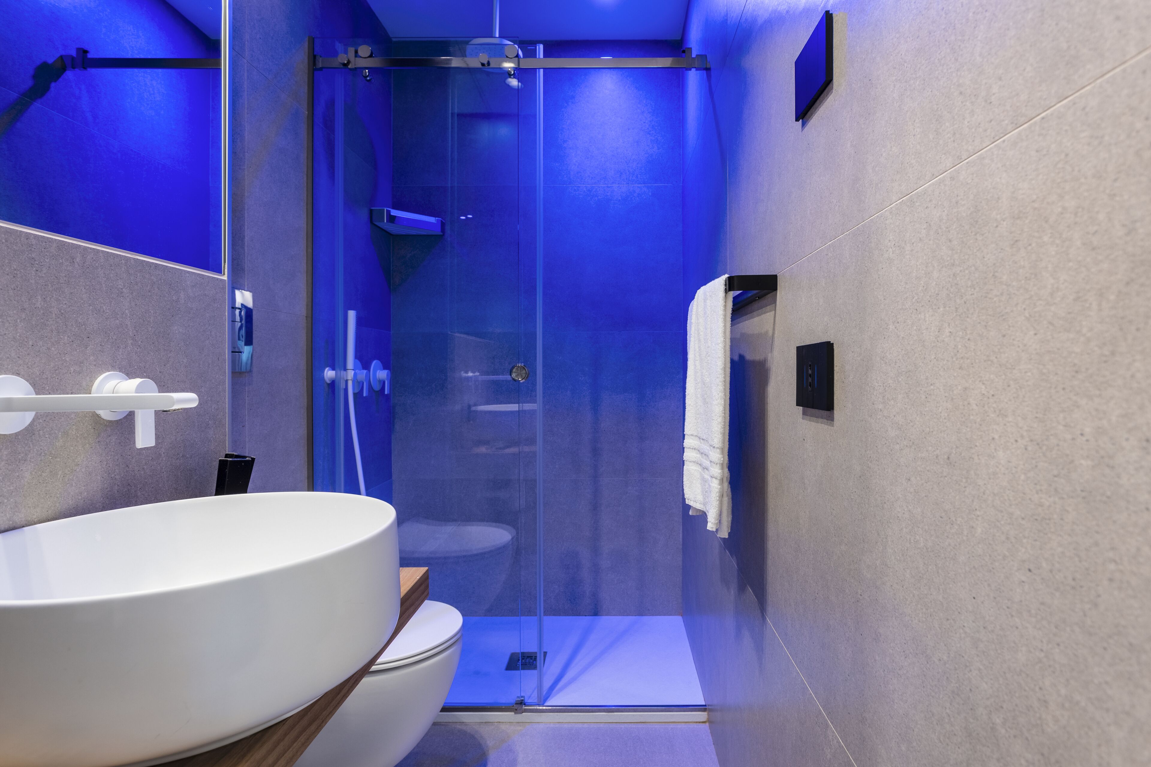 A modern bathroom with a large white sink, a glass-enclosed shower, and a toilet.