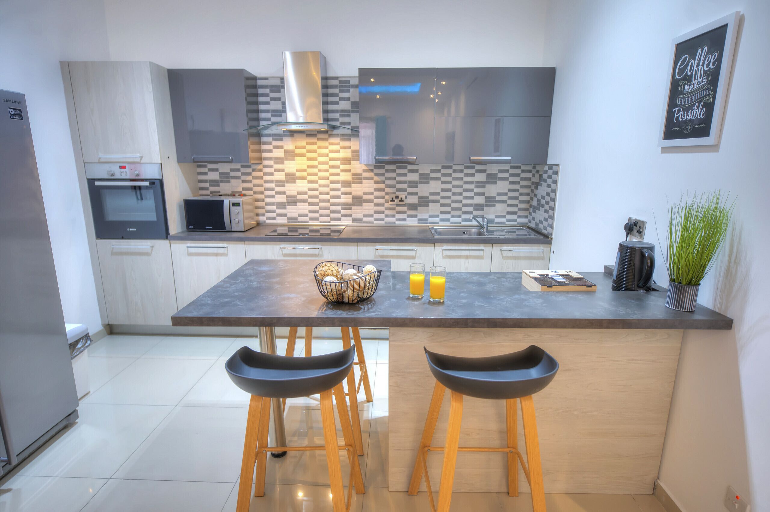 Fridge, microwave, oven, dishwasher