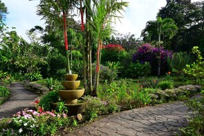 A garden with a stone pathway, a tiered water feature, and various tropical plants.