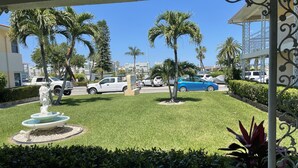 A well-maintained lawn with a decorative fountain, palm trees, and a clear view of the street with parked cars.