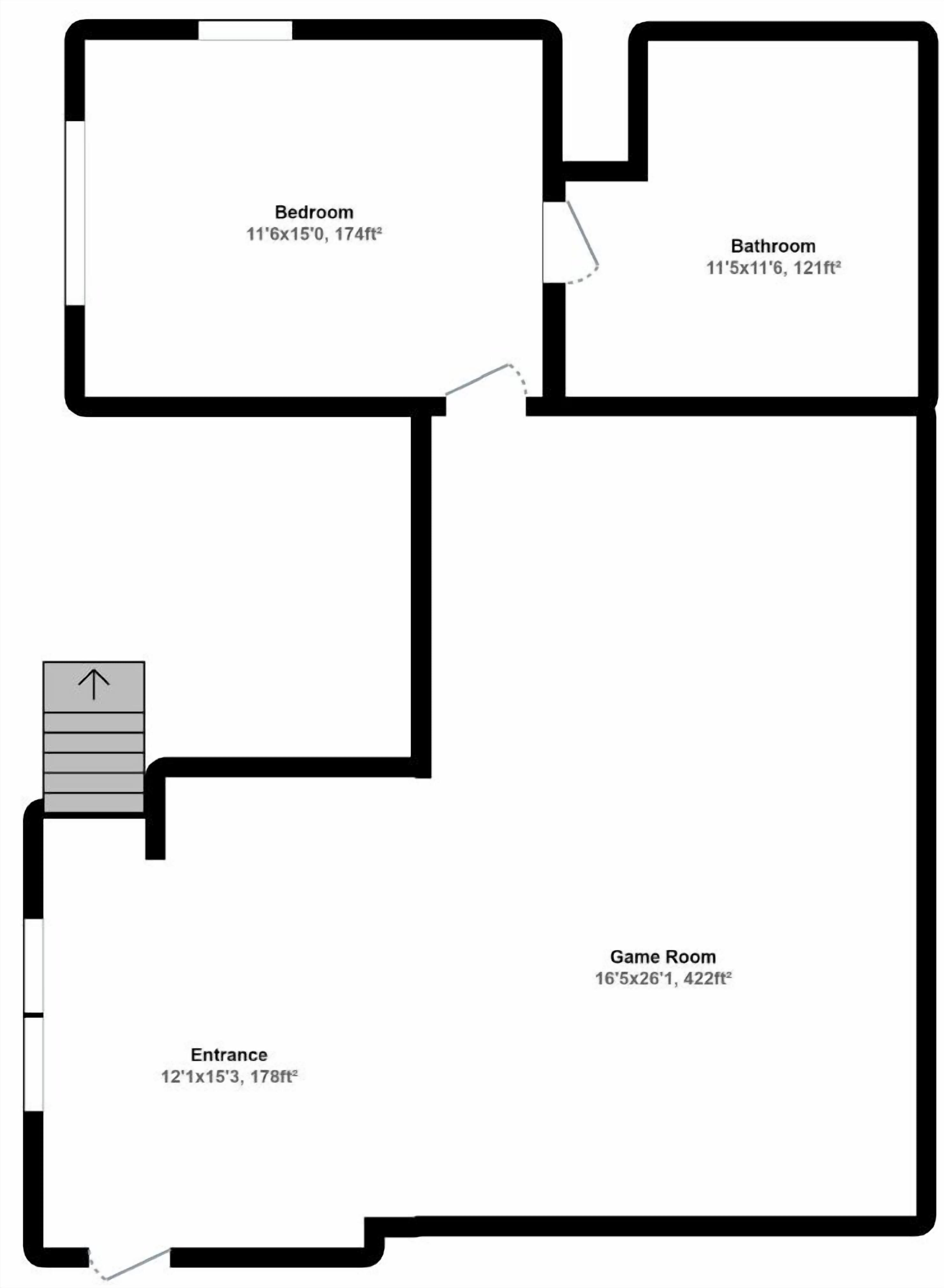 A floor plan with a bedroom (11'6"x15', 174ft²), bathroom (11'5"x11', 121ft²), game room (16'5"x26', 422ft²), and entrance (12'1"x15', 178ft²).