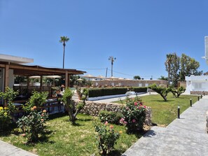 A resort with outdoor seating, a pool, and a garden with flowers. - Aegean Pearl (Kos)