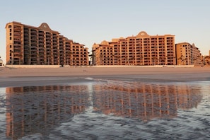 On the beach, sun loungers