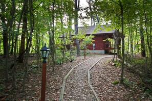 A wooden pathway leading to a cabin surrounded by trees.